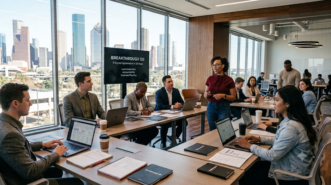 Productivity Coach Constance Cunningham leading the Breakthrough 120 Training session with real estate professionals at Keller Williams Houston Central.