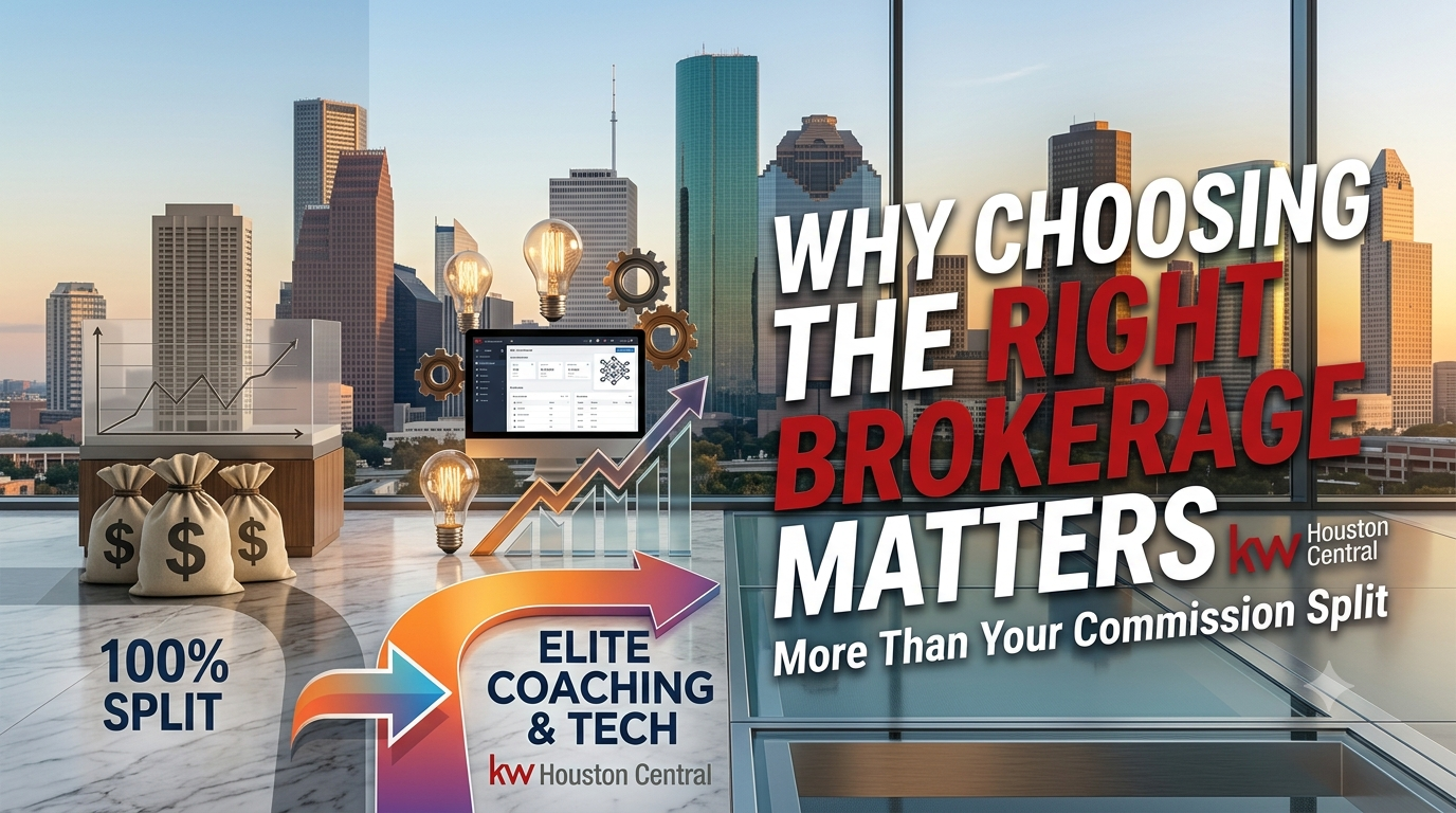 Alt Text: An infographic-style image comparing different real estate brokerage models, using a graphic of the Houston skyline in the background. On the left, labeled '100% SPLIT', are stacked money bags and a simple graph. On the right, labeled 'ELITE COACHING & TECH', is a computer monitor, lightbulbs, gears, and a complex graph. Large text reads 'WHY CHOOSING THE RIGHT BROKERAGE MATTERS' and 'More Than Your Commission Split', with the Keller Williams Houston Central logo.