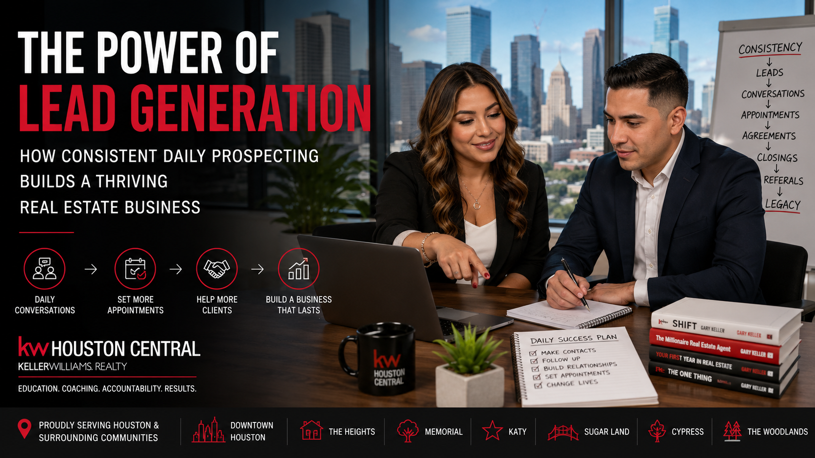 Two real estate professionals collaborating on lead generation strategies in a modern Downtown Houston office, demonstrating how daily prospecting, conversations, and appointments build long-term success at Keller Williams Houston Central.