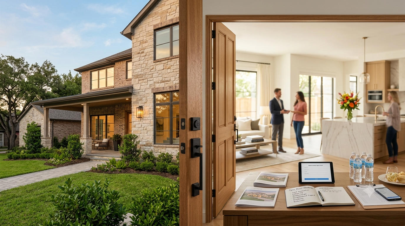 A welcoming perspective through an open front door into a busy Houston luxury home open house.
