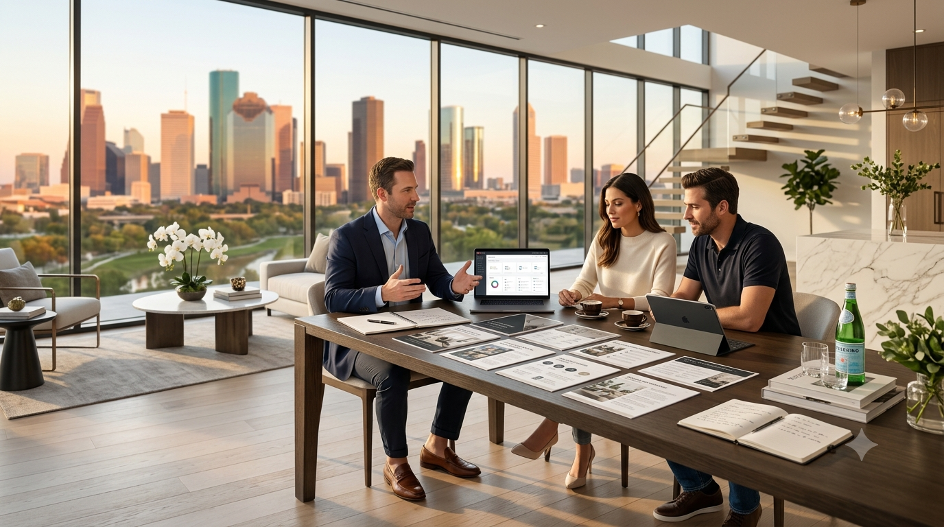 Real estate agent presenting a market analysis and seller guide to homeowners during a listing consultation in a modern Downtown Houston luxury home.