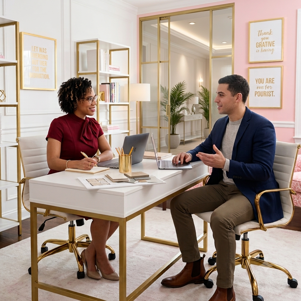 Keller Williams Houston Central Productivity Coach Constance Cunningham conducting an interactive real estate business planning session in her white, pink, and gold-accented Houston office, showcasing top-tier agent training and accountability coaching.
