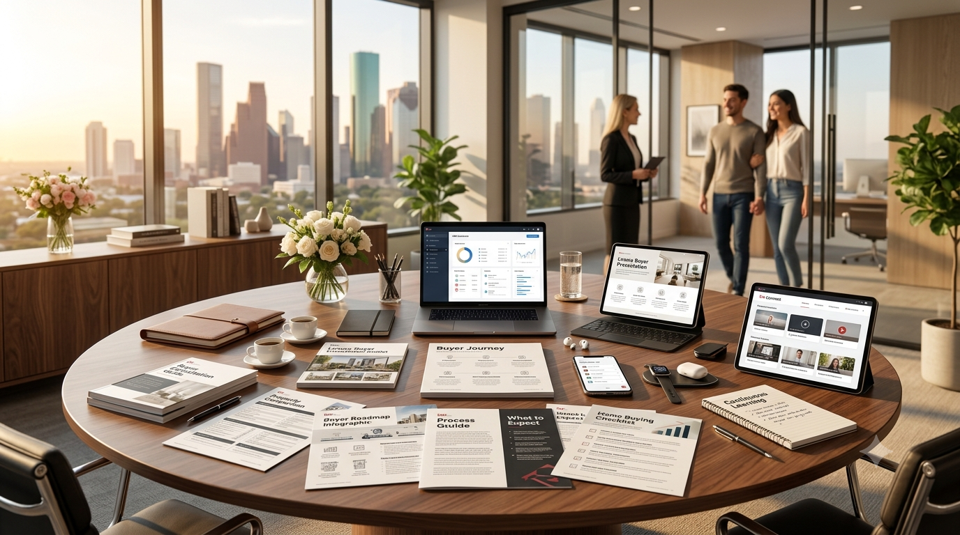 Keller Williams Houston Central agents conducting a structured real estate buyer consultation in a modern Downtown Houston office overlooking the city skyline, demonstrating preparation with guides, technology, and systems to build trust before showing homes.