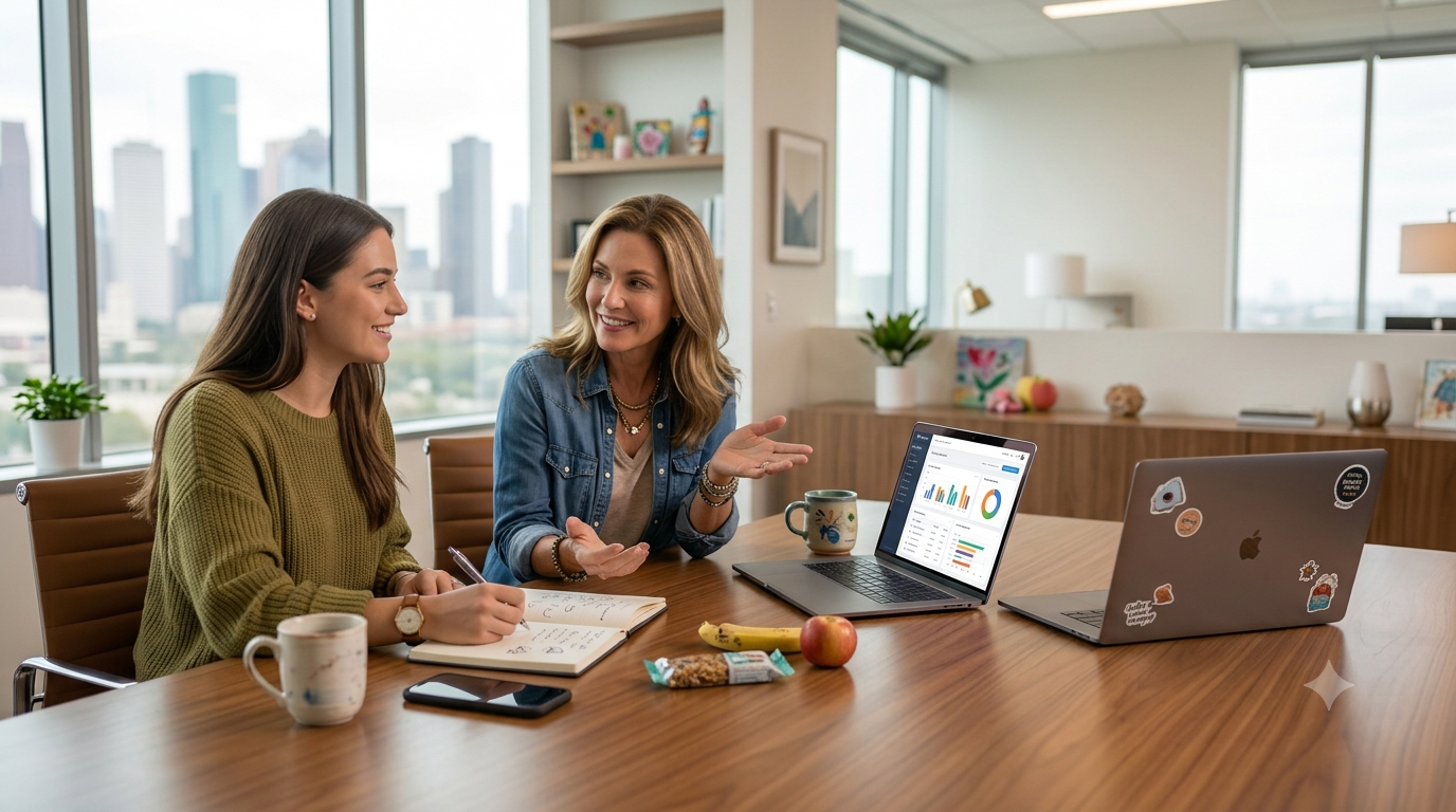 A real estate mentor coaches a new real estate agent during a one-on-one business planning session, demonstrating the education, coaching, and support available at Keller Williams Houston Central in Houston, Texas.