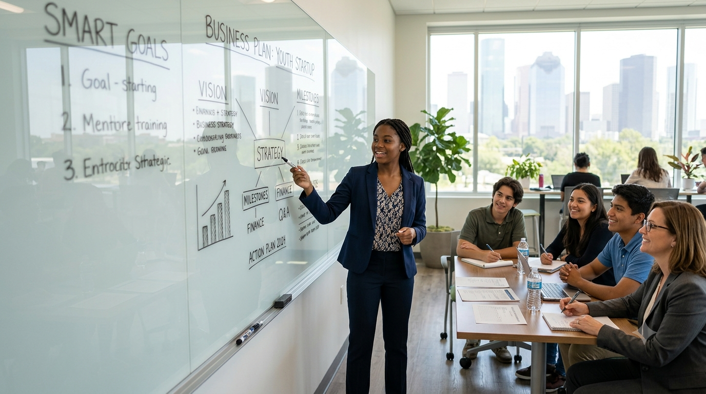 A young female student confidently presents business goals and a SMART goal framework on a glass whiteboard during a KW Next Gen workshop at Keller Williams Houston Central, surrounded by attentive peers and a mentor in a modern, sunlit room overlooking the Houston skyline.