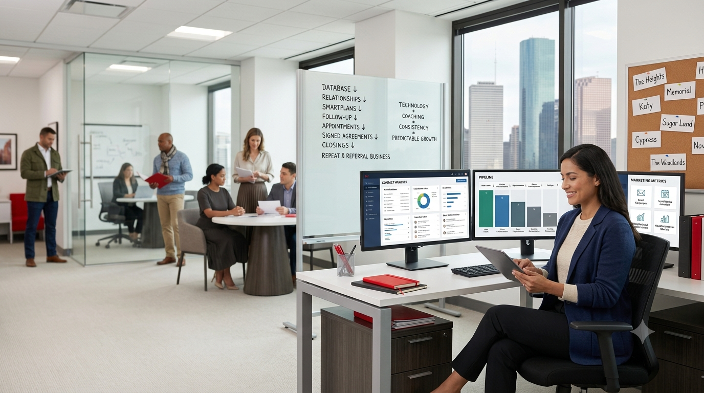 A real estate agent in a modern Houston office using the KW Command CRM platform across multiple screens to manage her database and transaction pipeline, with a coaching whiteboard and the Houston skyline in the background.