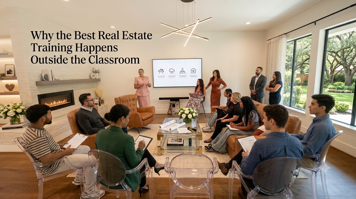 Real estate agents attending a hands-on home inspection workshop inside a luxury Houston living room hosted by Keller Williams Houston Central.