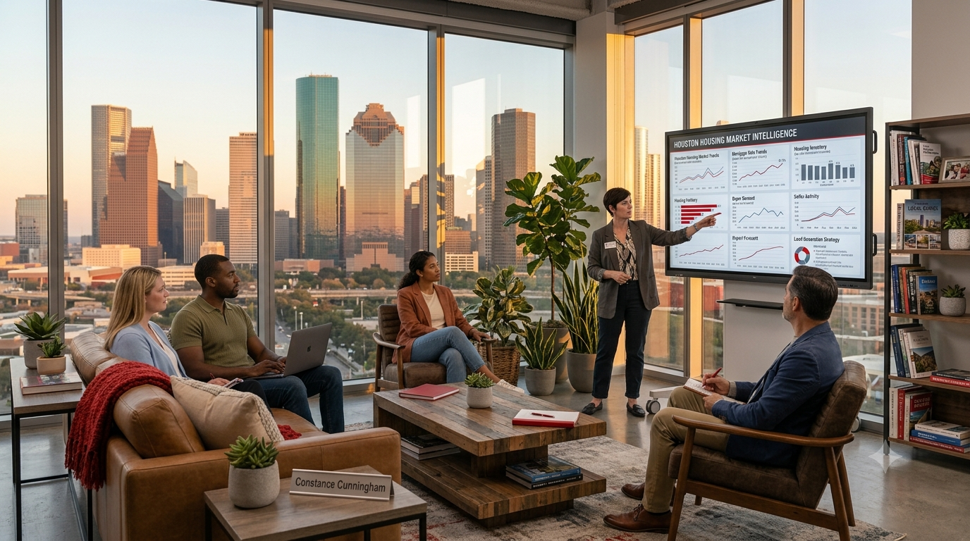 A diverse group of five real estate professionals in smart casual attire collaborate in a modern, light-filled office lounge overlooking the recognizable Downtown Houston skyline at sunset. They are focused on a large digital monitor displaying realistic "Houston Housing Market Intelligence" dashboards, which show trend lines for Mortgage Rates, Inventory, and Market Forecasts. A woman stands and points at a chart, while four others take notes on laptops and tablets, exemplifying educational leadership and strategic planning during a market shifting toward balance.