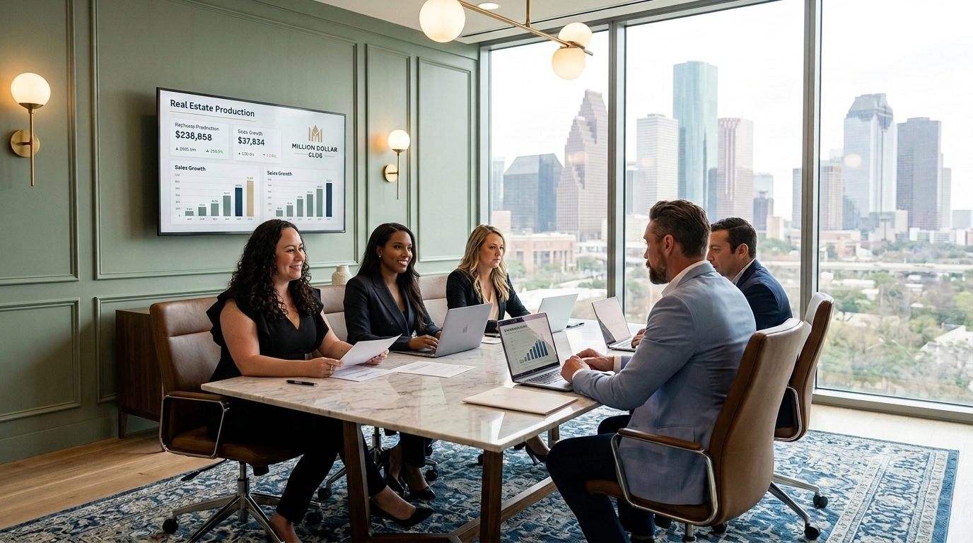 A professional wide-angle photograph of a modern Houston real estate boardroom. Seated at a white marble conference table are luxury agents Raquel Foreen (left, with curly dark hair and a black ruffled top), Alana Smith (center-left, with long dark hair and a dark blazer), and Austin Jones (right, in a light blue suit blazer), alongside colleagues. Through the massive floor-to-ceiling windows, the iconic Houston skyline stands tall. A television screen on the sage green paneled wall displays "Real Estate Production" and "Million Dollar Club" analytics.