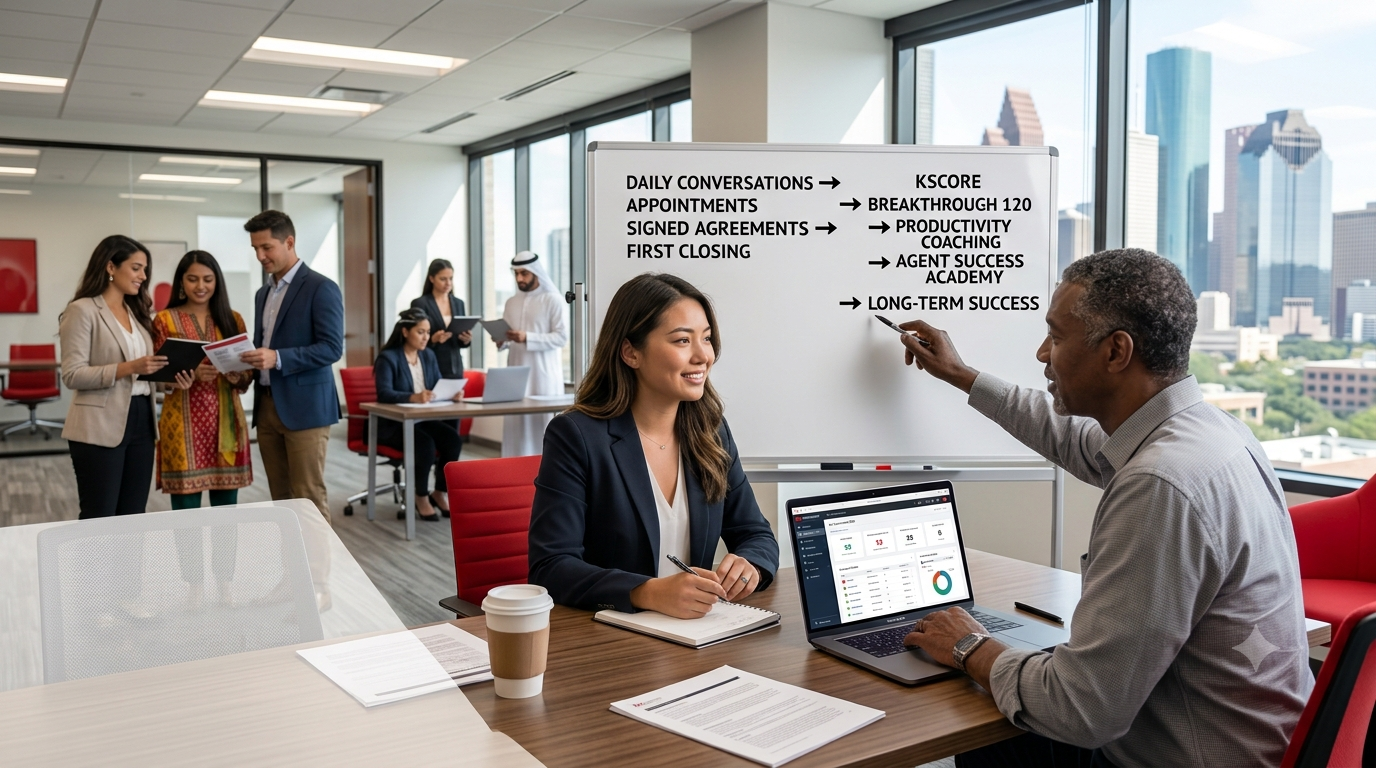New real estate agent in Downtown Houston receives expert coaching on lead generation strategies at Keller Williams Houston Central. Coach points to a whiteboard detailing the Daily Success Formula from initial conversation to first real estate closing, with the Houston skyline visible through windows.