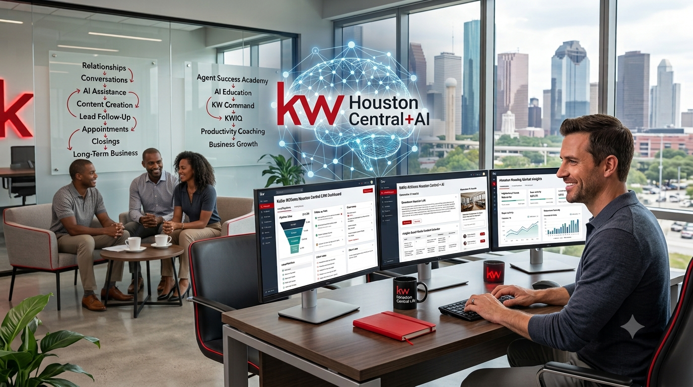 A smart real estate office at Keller Williams Houston Central featuring a realtor editing an AI content workflow on a three-monitor desk setup, with casual clients conversing in the background against the Downtown Houston skyline.
