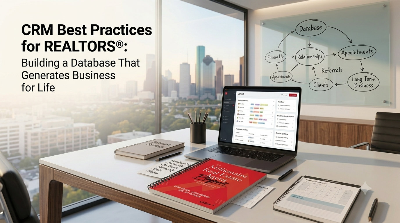 A modern executive desk at golden hour overlooking the Houston skyline, featuring a premium laptop with an organized real estate CRM interface, workflow glass boards, and the MREA Playbook, styled with generous negative space on the left for a blog title overlay. Why it works: It balances descriptive clarity with accessibility, hitting key visual anchors (Houston skyline, MREA playbook, CRM interface, desktop layout) while noting the compositional negative space.