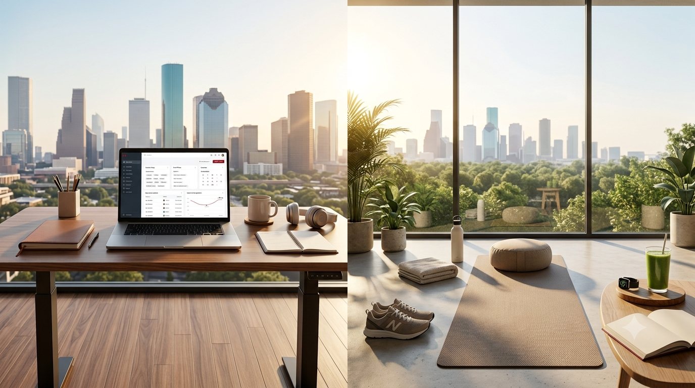 A split hero image showing an organized real estate workspace with a CRM dashboard overlooking the Houston skyline on the left, counter-balanced by a peaceful yoga and wellness space on the right