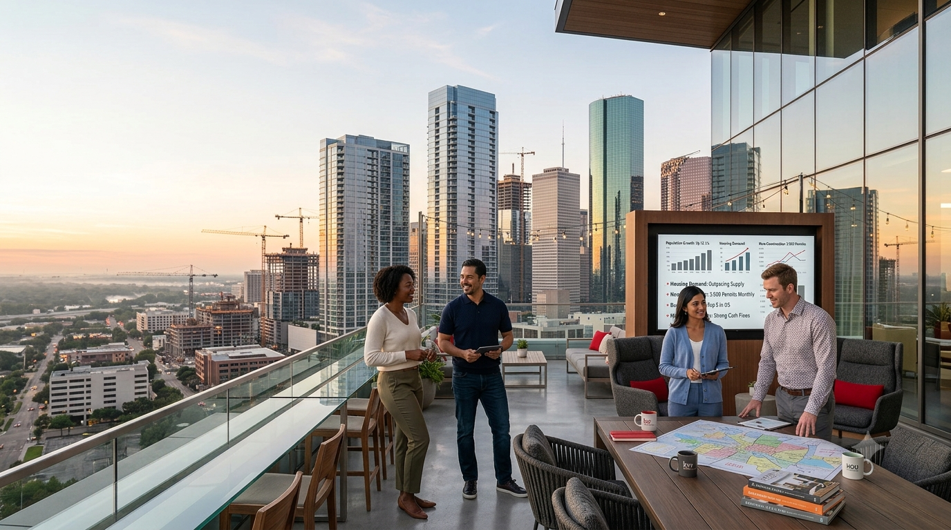 Four professional Keller Williams Houston Central real estate agents analyzing a large neighborhood map on a rooftop overlooking the modern Downtown Houston skyline at sunset, demonstrating expert market knowledge.