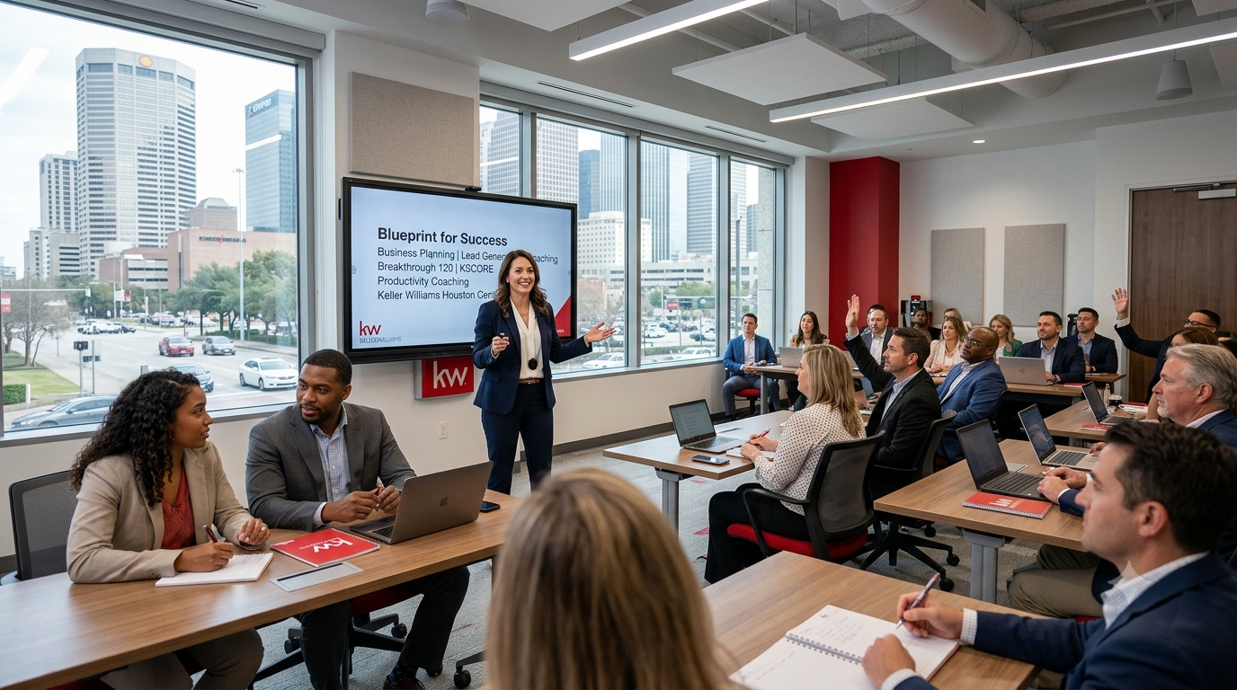 Confident instructor teaching real estate business planning, lead generation, and coaching models to a diverse group of agents during the Agent Success Academy at Keller Williams Houston Central in Downtown Houston.