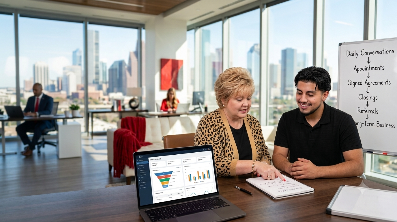 Top producing commercial and residential agent Cynthia Martinez, leader of the C-Sells Real Estate Team, in a cheetah print cardigan mentoring Albert Calles Villalta in a casual black polo at a modern Houston office desk.
