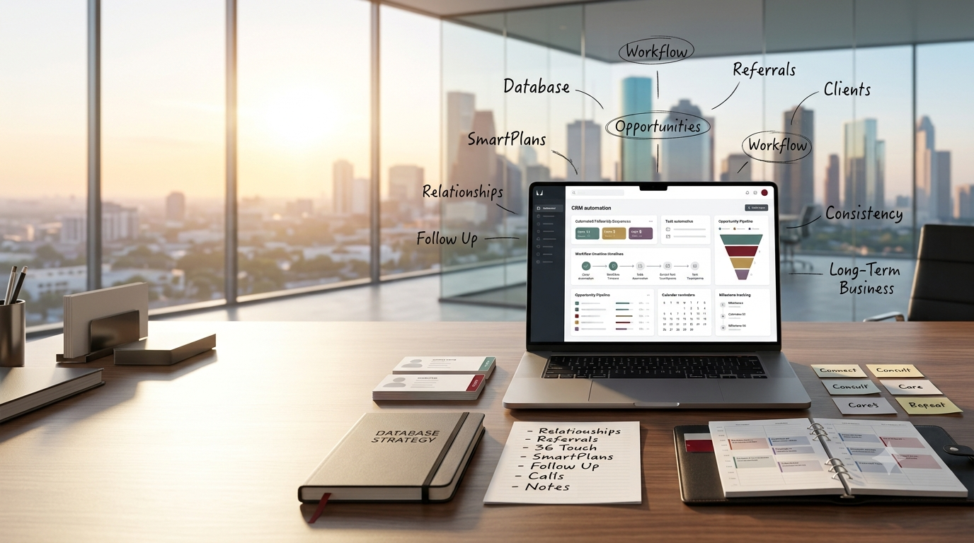 Automated SmartPlans for Realtors dashboard on a laptop with database strategy templates in a Houston office.