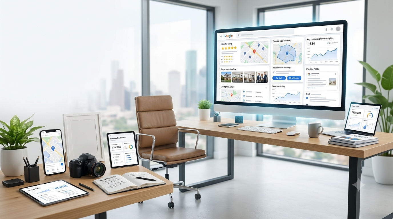 A modern office workspace overlooking the Houston skyline, featuring a large monitor displaying detailed Google Business Profile analytics and local maps. The desk includes a smartphone with map pins, multiple tablets with data dashboards, and property marketing materials, but no people are present.