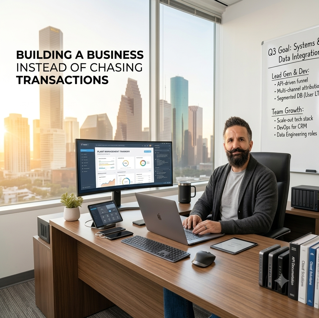 Photorealistic portrait of Uriel Franco, Tech Ambassador for KW Houston Central, in a modern, high-tech real estate office overlooking the Houston skyline at sunrise. He is wearing a casual grey cardigan and t-shirt, sitting at a wooden desk equipped with a dual-monitor setup, laptop, tablet, and smart devices showing data analytics. A whiteboard in the background lists advanced tech goals, including "Scale-out tech stack" and "DevOps for CRM."