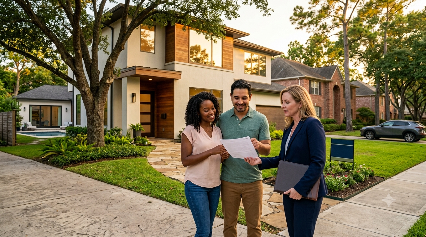 Real estate agent helping first-time homebuyers review documents outside a modern Houston home.