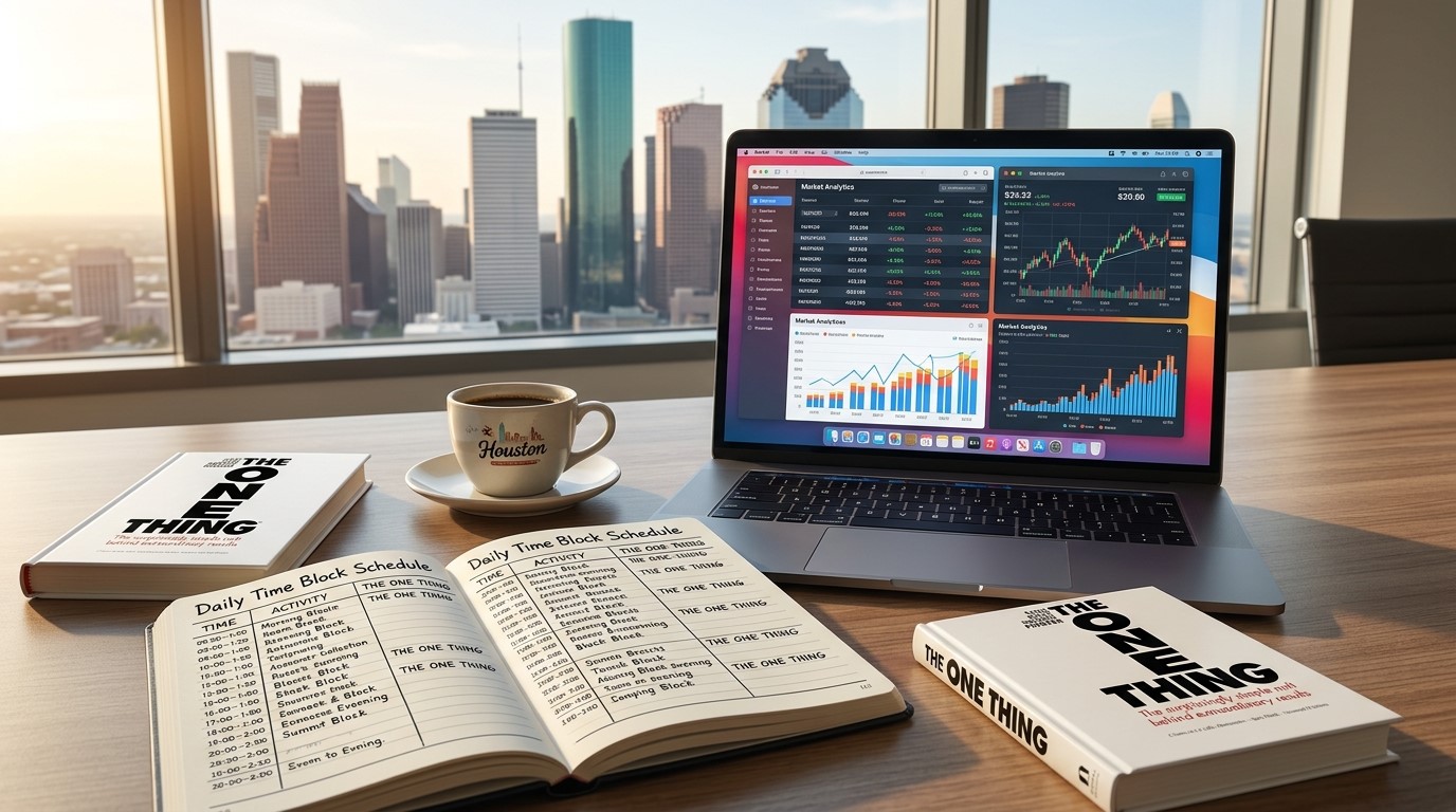 Professional desk setup featuring daily time block planner and business book for real estate agent productivity.