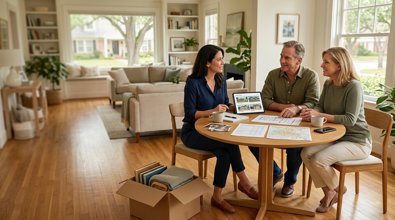 Real estate agent conducting a downsizing planning consultation with Houston homeowners in a sunlit living room.