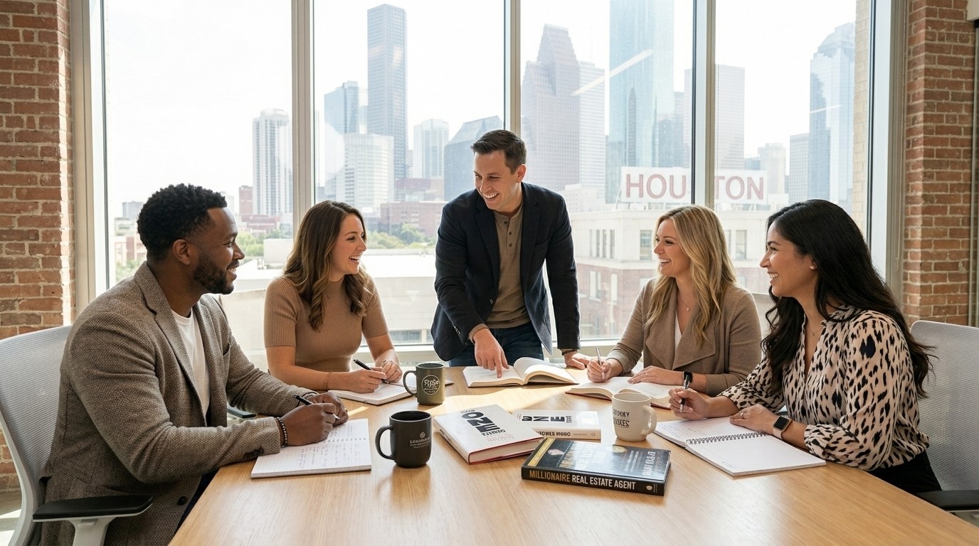 Real estate agents collaborating around a table during a professional development meeting at Keller Williams Houston Central.