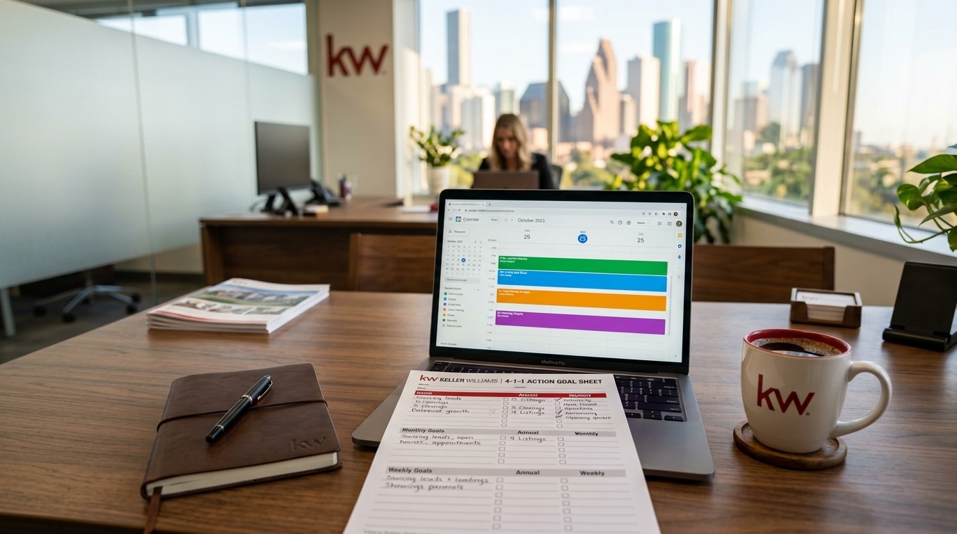 Keller Williams 4-1-1 goal sheet and open digital calendar on a modern real estate desk.