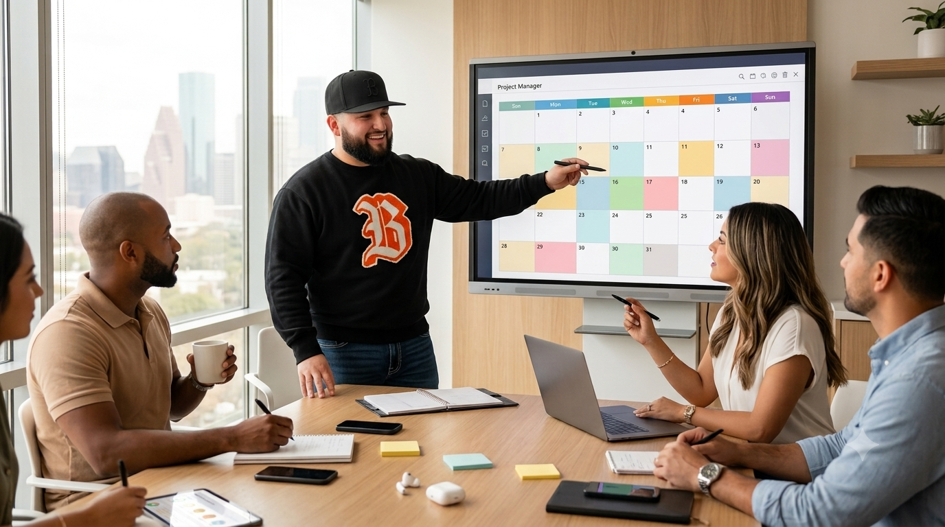 Houston REALTORS® collaborate during a productivity mastermind at Keller Williams Houston Central, demonstrating how top REALTOR® productivity habits like time blocking, the 80/20 Rule, and collaboration help agents grow their business while avoiding burnout.