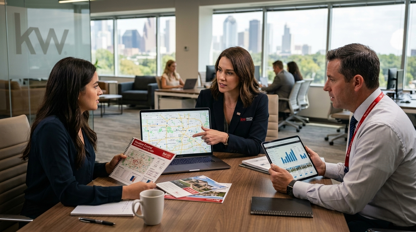 Real estate agents studying Houston neighborhood market data and map reports at Keller Williams Houston Central.