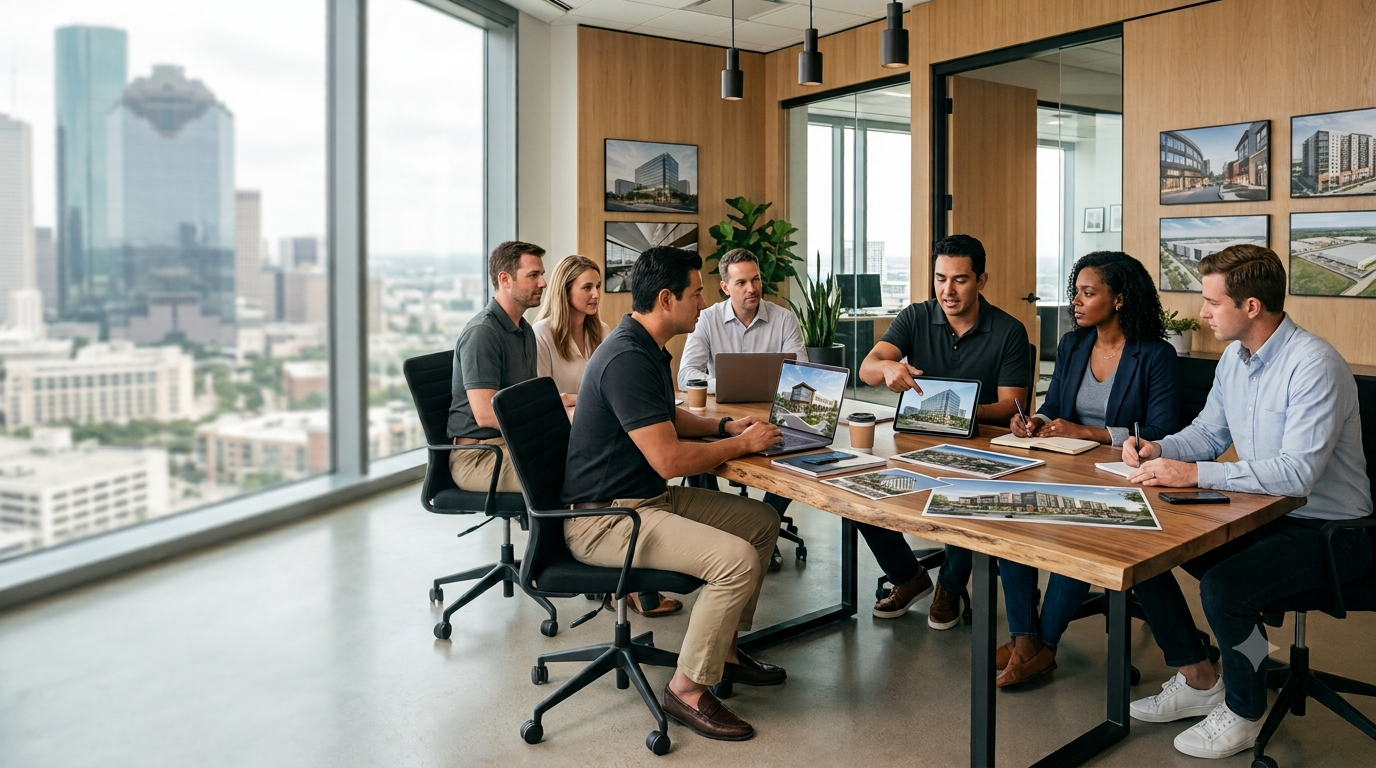 Real estate agents discussing commercial investment strategy and property development during a collaborative strategic roundtable in Downtown Houston.