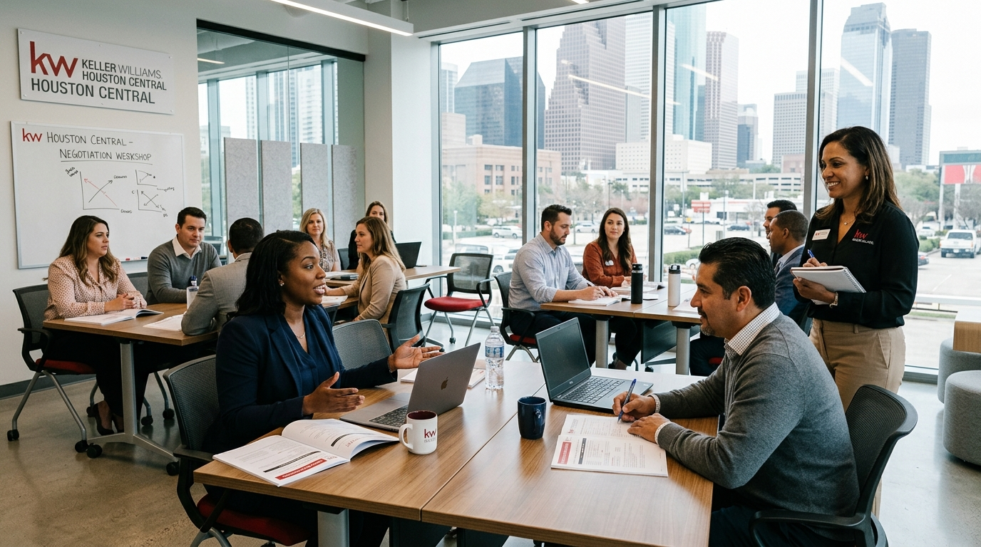 Real estate agents participating in a structured negotiation and contract training workshop at Keller Williams Houston Central in Downtown Houston.