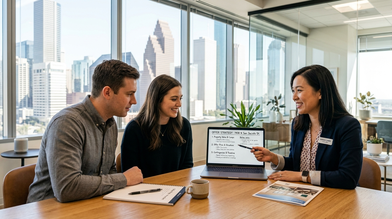 Real estate professionals collaborating and working independently inside the modern Keller Williams Houston Central office in Downtown Houston.