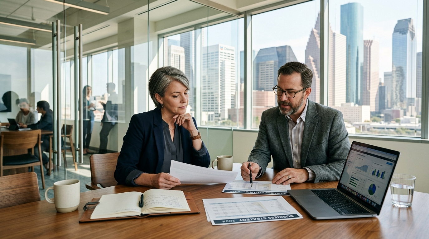 Experienced real estate agent reviewing business metrics during a strategy consultation in a modern Downtown Houston office setting.