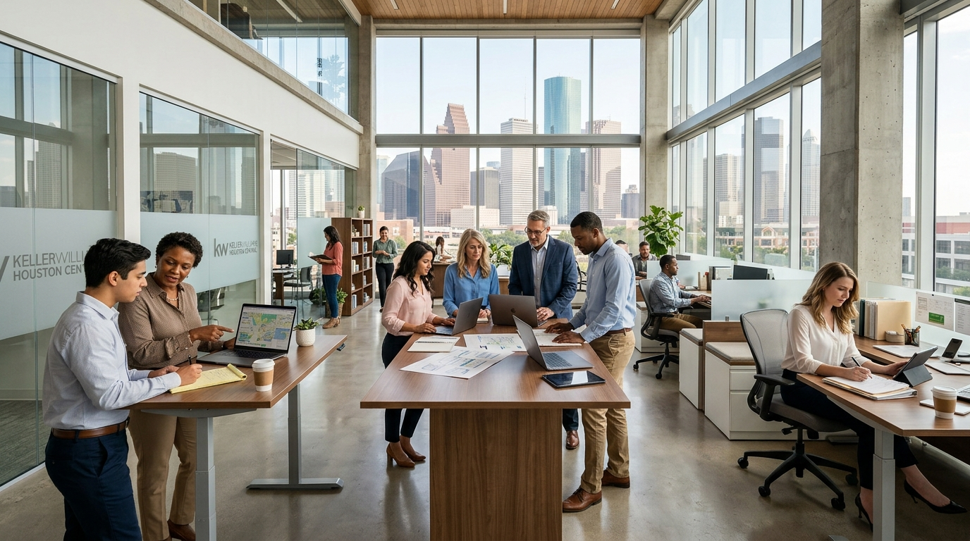Real estate professionals collaborating and working independently inside the modern Keller Williams Houston Central office in Downtown Houston.