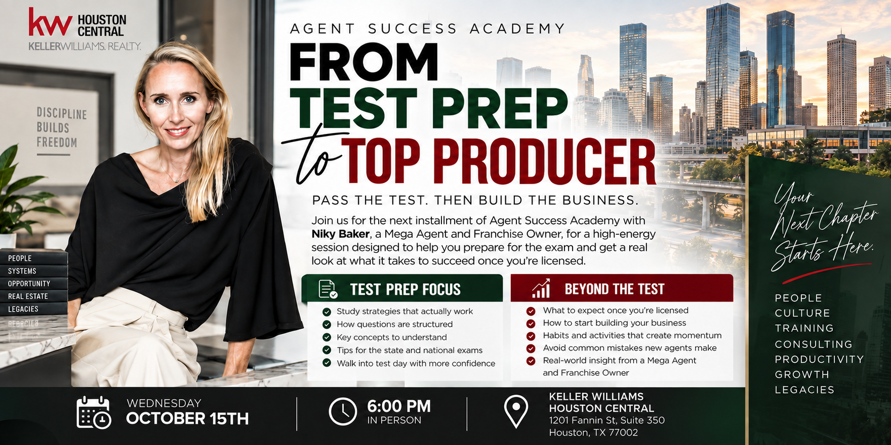 Aspiring real estate agents attending the Agent Success Academy workshop at Keller Williams Houston Central in Downtown Houston.