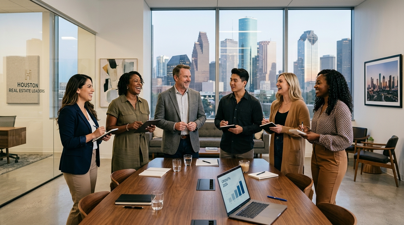 Professional real estate agents celebrating a business growth milestone inside a modern Keller Williams Houston Central office overlooking Downtown Houston.
