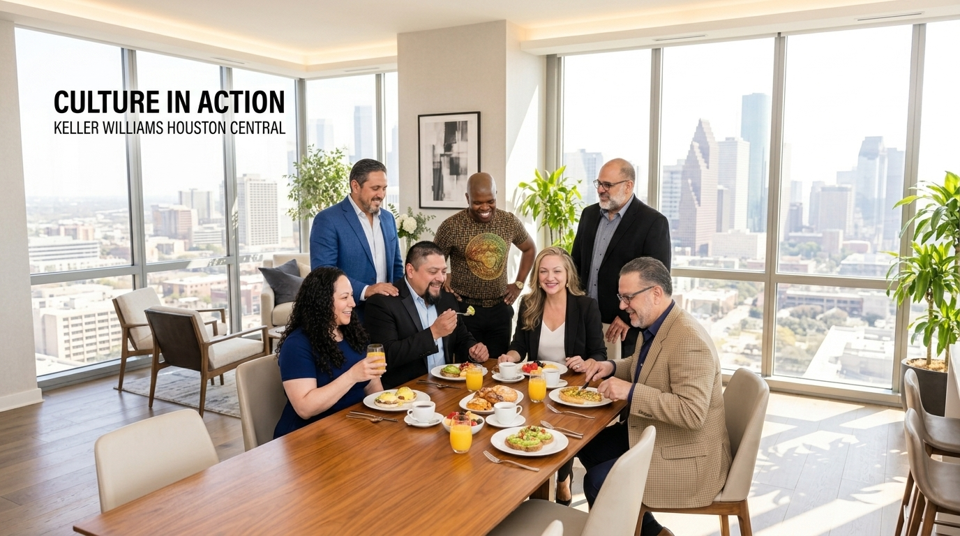 Real estate agents gathered around a table during an ALC Culture Committee brunch event at Keller Williams Houston Central in Downtown Houston.